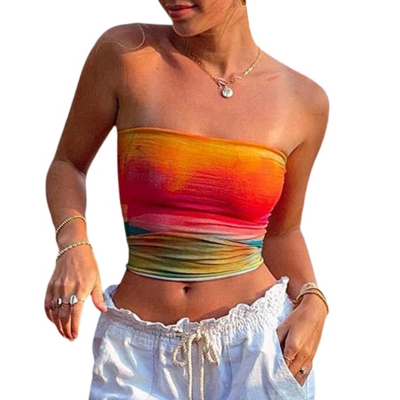 🩷COLORFUL STRAPLESS TUBE TOP TANK TOP CROPPED SUMMER CROP TOP SIZE MEDIUM - Picture 2 of 7